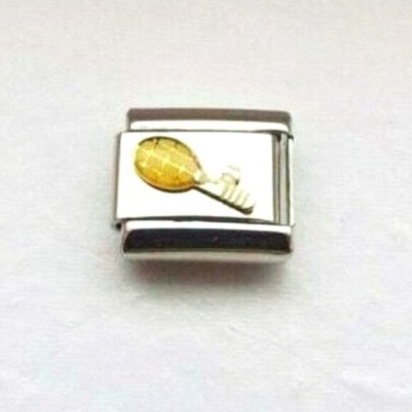 Yellow enamel tennis racket 9mm stainless steel italian charm bracelet link new - Picture 1 of 2